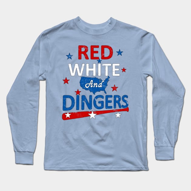 Red White and Dingers Baseball Stars and Stripes USA American Flag Long Sleeve T-Shirt by TeeCreations